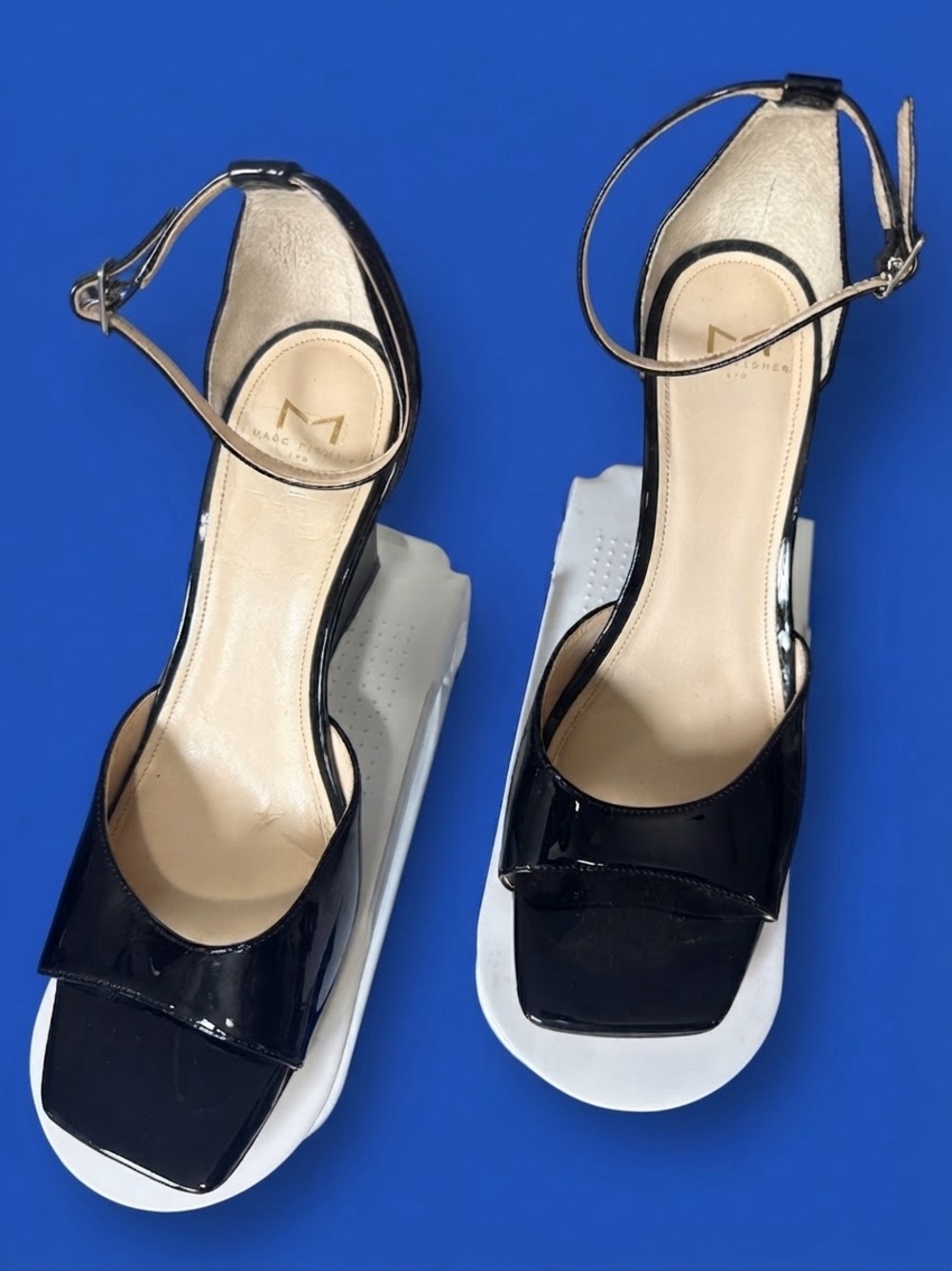 Marc Fisher Black Patent Ankle-Strap Platform Heels